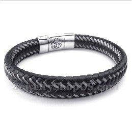 Heren Titanium Zwarte Leren Kabelmagneetarmband