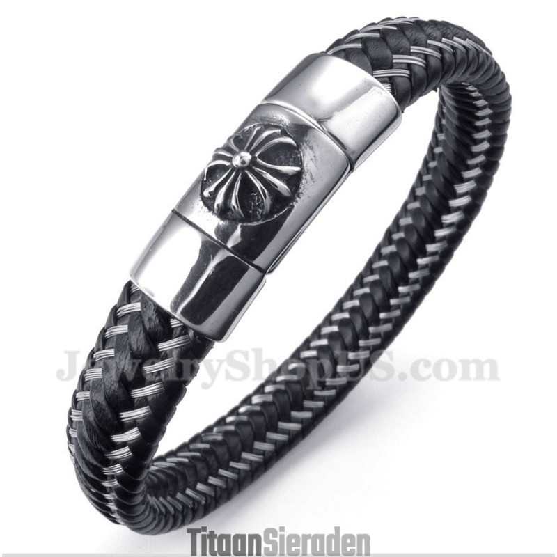 Heren Titanium Zwarte Leren Kabelarmband Heren Titanium Zwarte Leren Kabelarmband