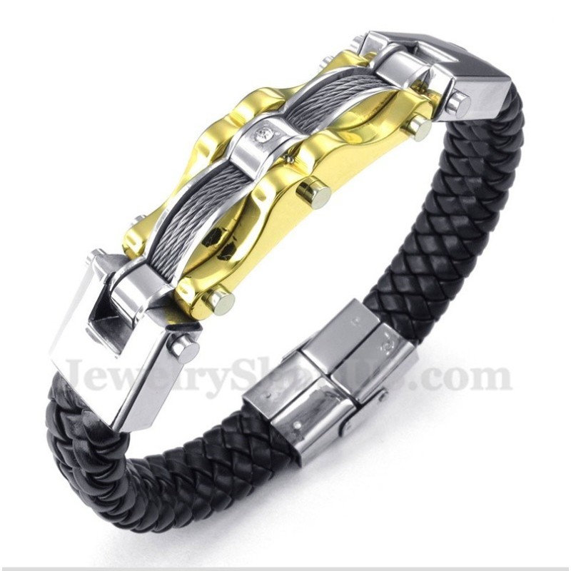 Heren Titanium Gouden Kabel Leren Armband Heren Titanium Gouden Kabel Leren Armband