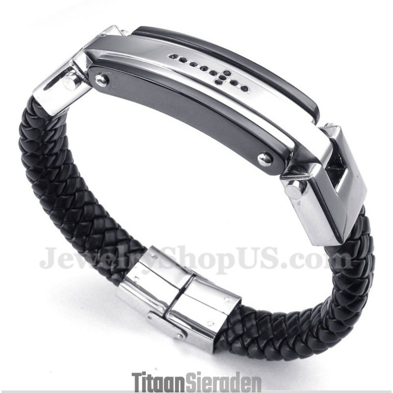 Heren Titanium Zwarte Kristallen Kruis Leren Armband