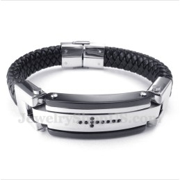Heren Titanium Zwarte Kristallen Kruis Leren Armband