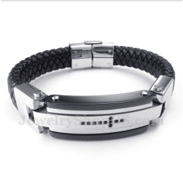 Heren Titanium Zwarte Kristallen Kruis Leren Armband