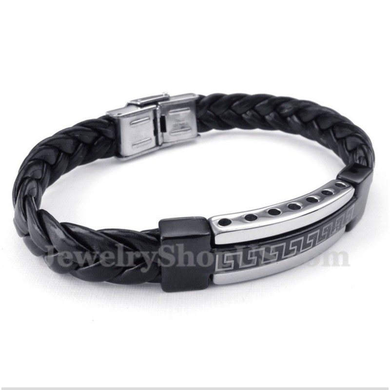 Heren Titanium Griekse Meanderpatroon Leren Armband Heren Titanium Griekse Meanderpatroon Leren Armband