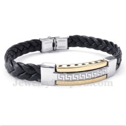Heren Titanium Griekse Meanderpatroon Gouden Leren Armband