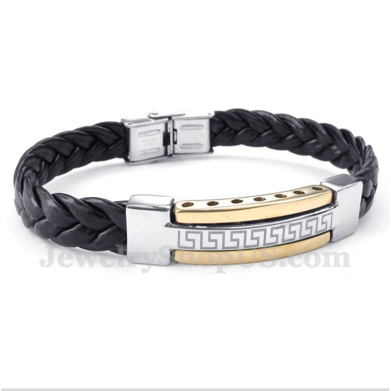 Heren Titanium Griekse Meanderpatroon Gouden Leren Armband Heren Titanium Griekse Meanderpatroon Gouden Leren Armband