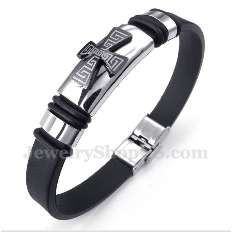 Heren Titanium Grieks Meanderpatroon Kruis Rubberen Armband Heren Titanium Grieks Meanderpatroon Kruis Rubberen Armband