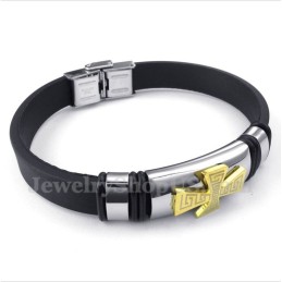 Heren Titanium Grieks Meanderpatroon Gouden Kruis Rubberen Armband