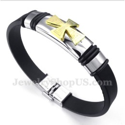 Heren Titanium Grieks Meanderpatroon Gouden Kruis Rubberen Armband