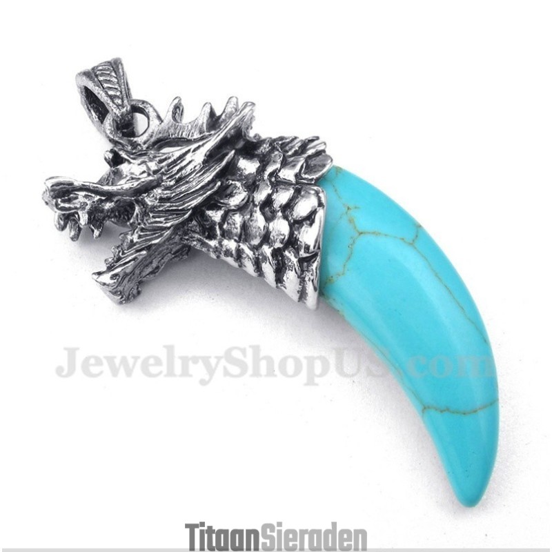 Heren Titanium Turquoise Wolfskophoornhanger Met Gratis Ketting Heren Titanium Turquoise Wolfskophoornhanger Met Gratis Ketting