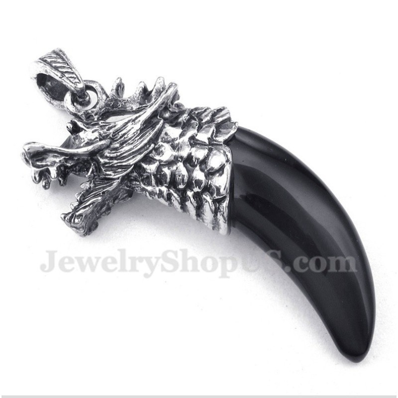 Heren Titanium Zwarte Onyx Wolfkophoorns Hanger Met Gratis Ketting Heren Titanium Zwarte Onyx Wolfkophoorns Hanger Met Gratis Ketting