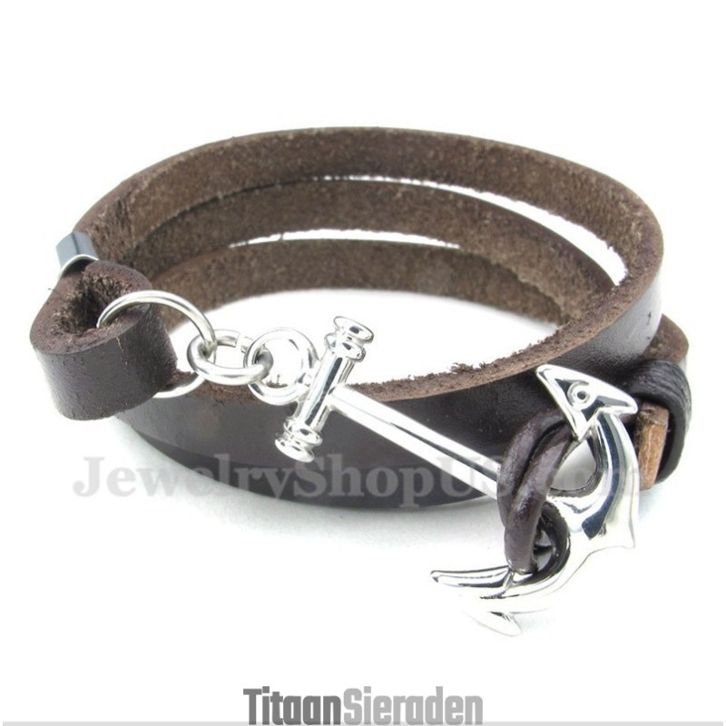 Heren Titanium Leren Ankerarmband Heren Titanium Leren Ankerarmband