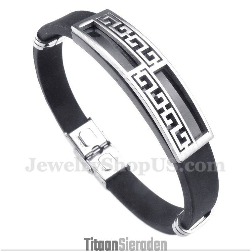 Herenarmband Van Titaniumrubber Met Grieks Meanderpatroon Herenarmband Van Titaniumrubber Met Grieks Meanderpatroon