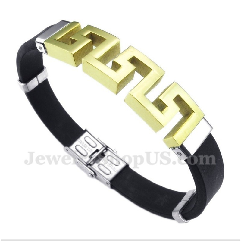 Herenarmband Van Titaniumrubber Met Gouden Griekse Meanderpatroon Herenarmband Van Titaniumrubber Met Gouden Griekse Meanderpatroon