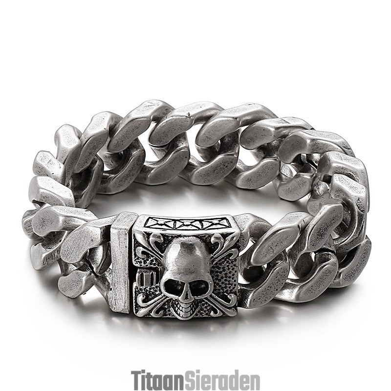 Cubaanse Titanium Kettingarmband, Titanium Schedelarmband Voor Heren Cubaanse Titanium Kettingarmband, Titanium Schedelarmband Voor Heren