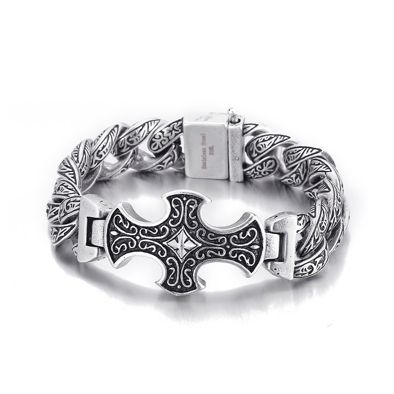 Vintage Floral Cross Titanium Herenarmband