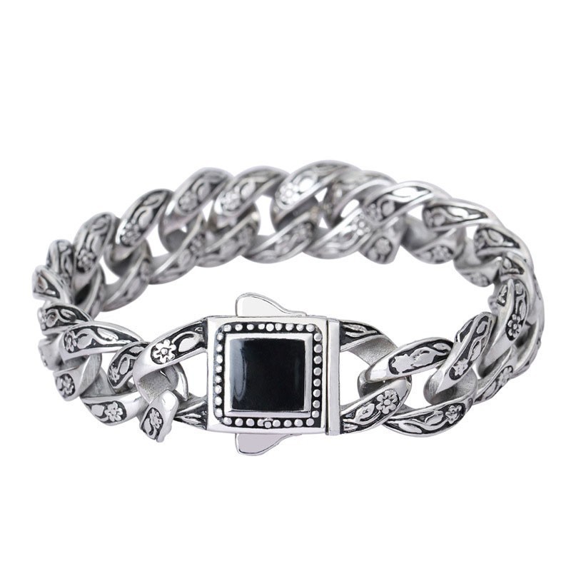 Rosette Vintage Herenarmband Titanium Armband Met Zwarte Edelstenen Rosette Vintage Herenarmband Titanium Armband Met Zwarte Edelstenen