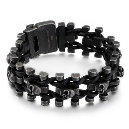 Retrokleurige Dikke Schedel Leren Armband Van Titanium Voor Heren, Bikerarmband