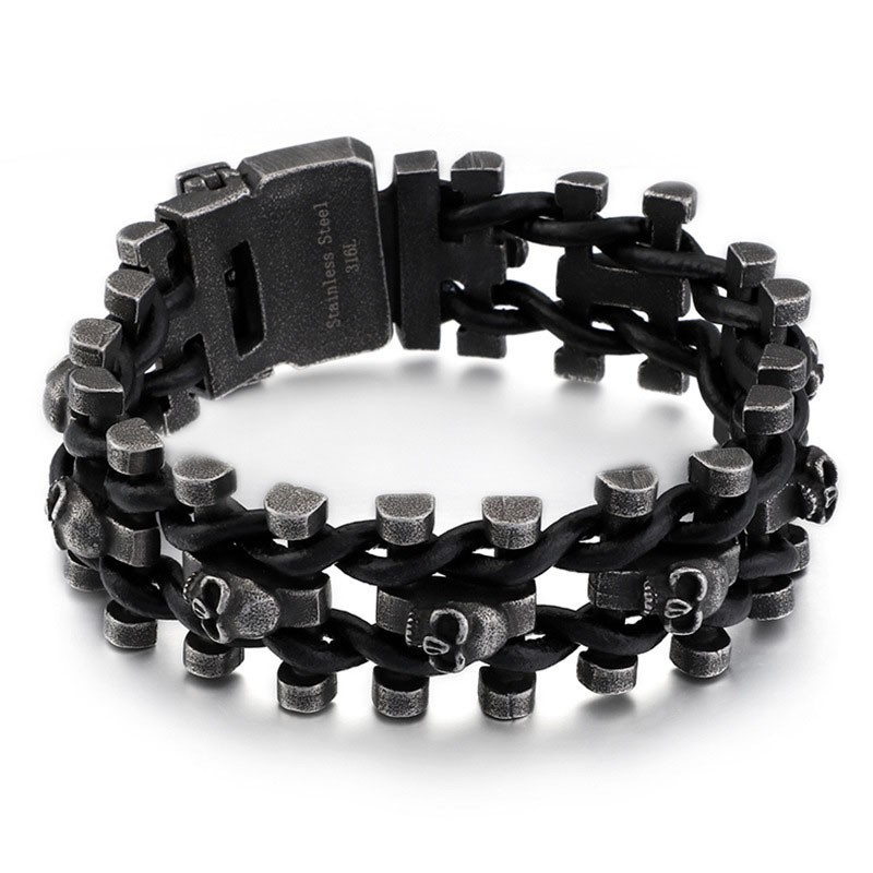 Retrokleurige Dikke Schedel Leren Armband Van Titanium Voor Heren, Bikerarmband Retrokleurige Dikke Schedel Leren Armband Van Titanium Voor Heren, Bikerarmband