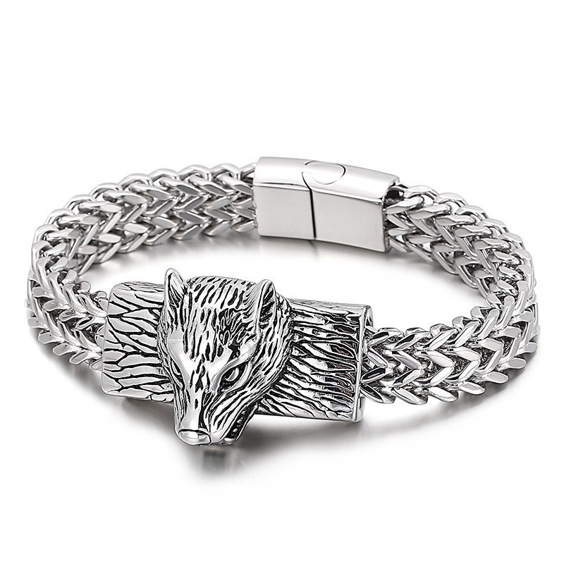 Hiphop Wolf Head Dubbele Rij Keel Geweven Ketting Heren Titanium Armband Hiphop Wolf Head Dubbele Rij Keel Geweven Ketting Heren Titanium Armband