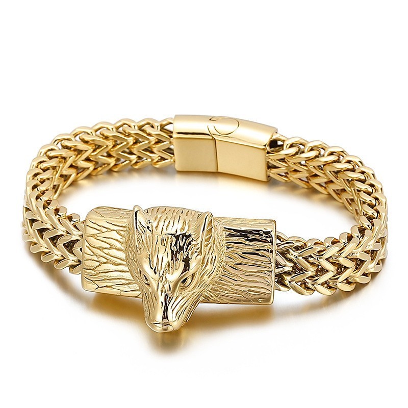 Hip Hop Wolf Head Dubbele Rij Keel Geweven Ketting Heren Titanium Armband Hip Hop Wolf Head Dubbele Rij Keel Geweven Ketting Heren Titanium Armband