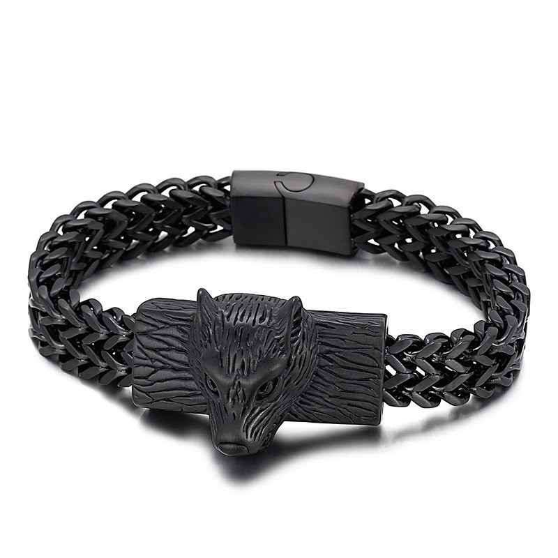 Hip Hop Wolf Head Dubbele Rij Keel Geweven Ketting Heren Titanium Armband