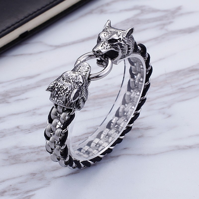 Titanium Dubbele Wolfkop Ringsluiting Titanium Armband Voor Heren Titanium Dubbele Wolfkop Ringsluiting Titanium Armband Voor Heren