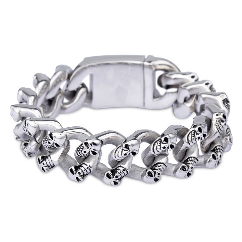 Mode Dubbele Rij Schedel Titanium Armband Voor Mannen