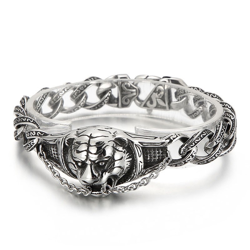 Vintage Overdreven Patroon Tijgerkop Gebogen Titanium Armband Voor Heren