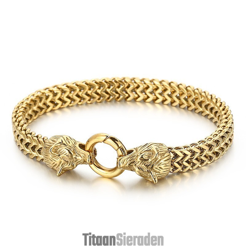 Coole Rock Hip-Hop Dubbele Wolfkop Titanium Armband Voor Heren