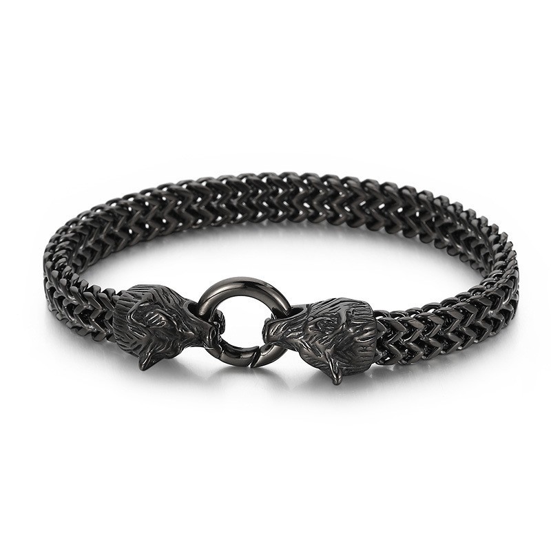 Coole Rock Hiphop Stijl Dubbele Wolfkop Titanium Armband Voor Mannen Coole Rock Hiphop Stijl Dubbele Wolfkop Titanium Armband Voor Mannen