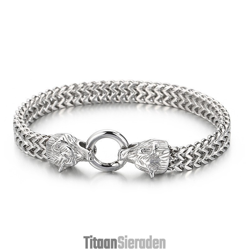 Mode Rock Hip-Hop Stijl Dubbele Wolfkop Titanium Herenarmband Mode Rock Hip-Hop Stijl Dubbele Wolfkop Titanium Herenarmband