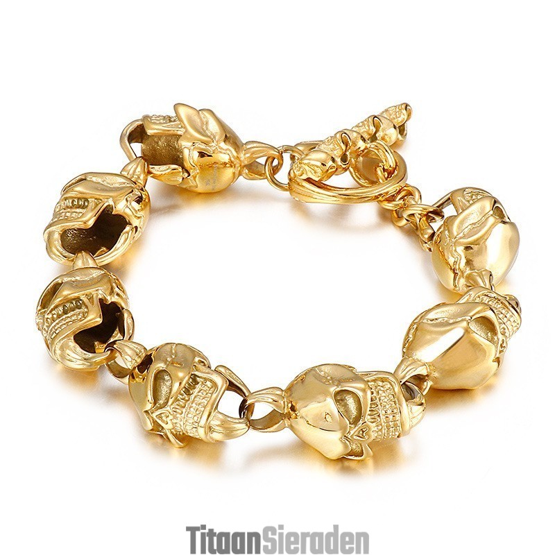 Chique Gouden Schedel Heren Titanium Armband Chique Gouden Schedel Heren Titanium Armband