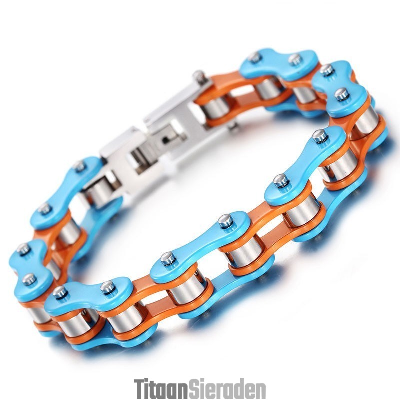Eenvoudige Geschilderde Blauw-Oranje Titanium Heren Bikerarmband Eenvoudige Geschilderde Blauw-Oranje Titanium Heren Bikerarmband