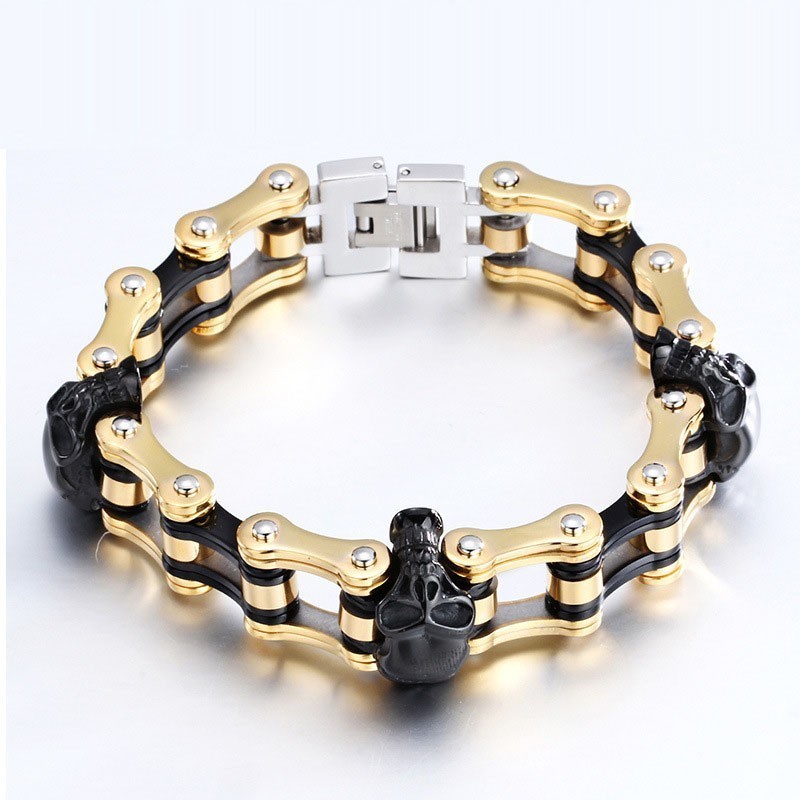 Rock Hip-Hop Gegalvaniseerde Tweekleurige Schedel Titanium Heren Bikerarmband Rock Hip-Hop Gegalvaniseerde Tweekleurige Schedel Titanium Heren Bikerarmband
