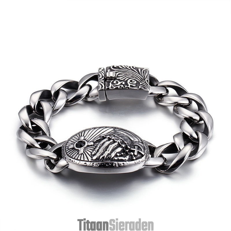 Mode Kruis Met Zirkonia Gebogen Titanium Armband Voor Heren
