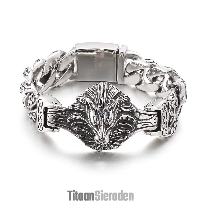Wolfkop Bloemen Titanium Armband Voor Heren Wolfkop Bloemen Titanium Armband Voor Heren