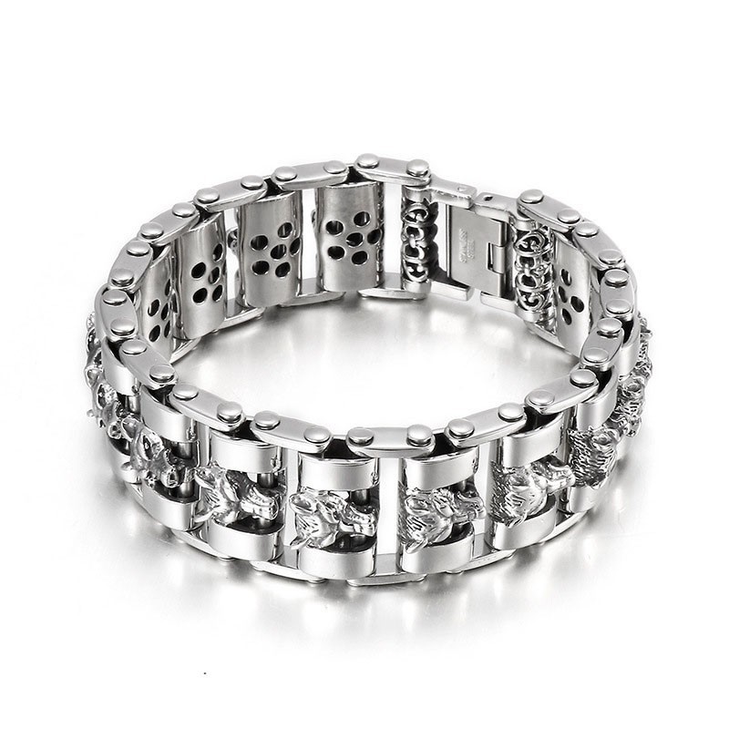 Coole Wolf Head Biker Titanium Armband Voor Heren Coole Wolf Head Biker Titanium Armband Voor Heren