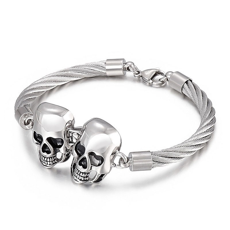 Coole, Modieuze Dubbele Schedel Stalen Draad Heren Titanium Armband Coole, Modieuze Dubbele Schedel Stalen Draad Heren Titanium Armband