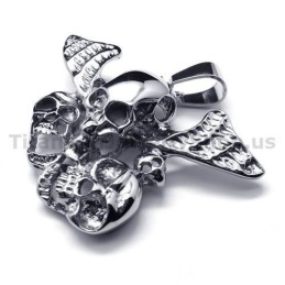 Hanger Van Puur Titanium Met Drie Schedels En Vleugels - Gratis Ketting
