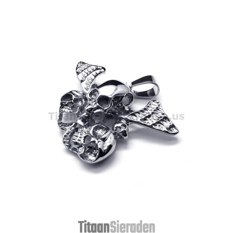 Hanger Van Puur Titanium Met Drie Schedels En Vleugels - Gratis Ketting Hanger Van Puur Titanium Met Drie Schedels En Vleugels - Gratis Ketting