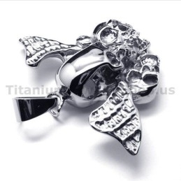 Hanger Van Puur Titanium Met Drie Schedels En Vleugels - Gratis Ketting