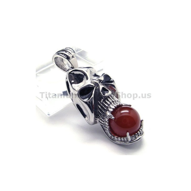 Hanger Met Schedelontwerp Van Puur Titanium En Robijnrode Bal - Gratis Ketting Hanger Met Schedelontwerp Van Puur Titanium En Robijnrode Bal - Gratis Ketting