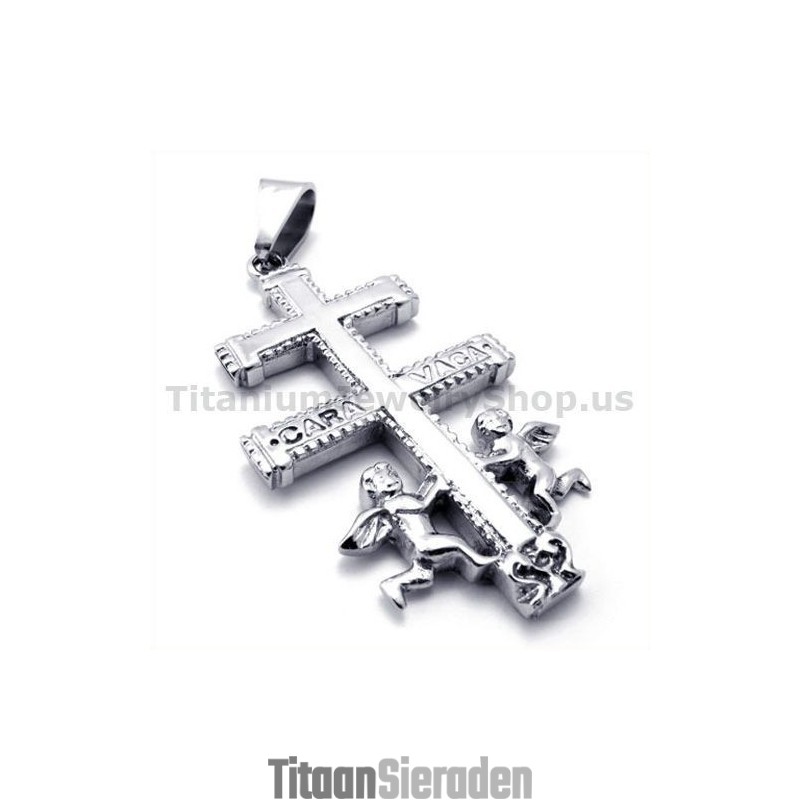 Twee Engelen Caravaca Kruis Titanium Hanger - Gratis Ketting Twee Engelen Caravaca Kruis Titanium Hanger - Gratis Ketting