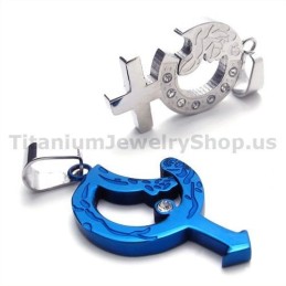 Blauwe Titanium Hangers Voor Geliefden Met Diamantvrije Kettingen