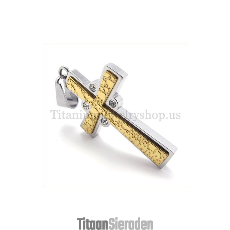 Gouden Tweelaagse Titanium Kruishanger Met Diamant