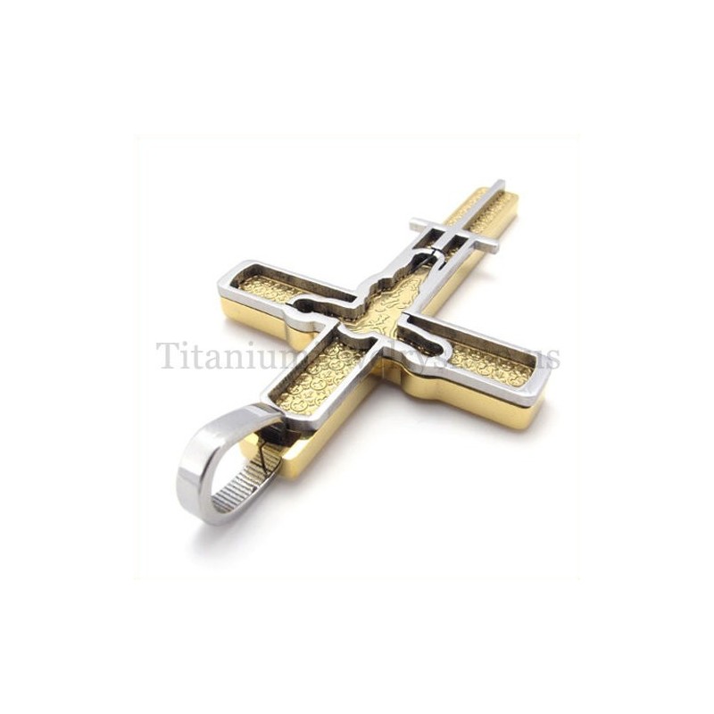 Gouden Gesneden Jezuspatroon Titanium Kruis Hanger