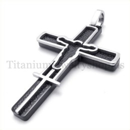 Zwarte Titanium Kruishanger Met Gesneden Jezuspatroon