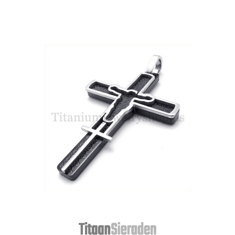 Zwarte Titanium Kruishanger Met Gesneden Jezuspatroon Zwarte Titanium Kruishanger Met Gesneden Jezuspatroon