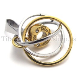 Gouden Ring Met Meerdere Ringen En Gegraveerde Titanium Hanger "Take Time Love"
