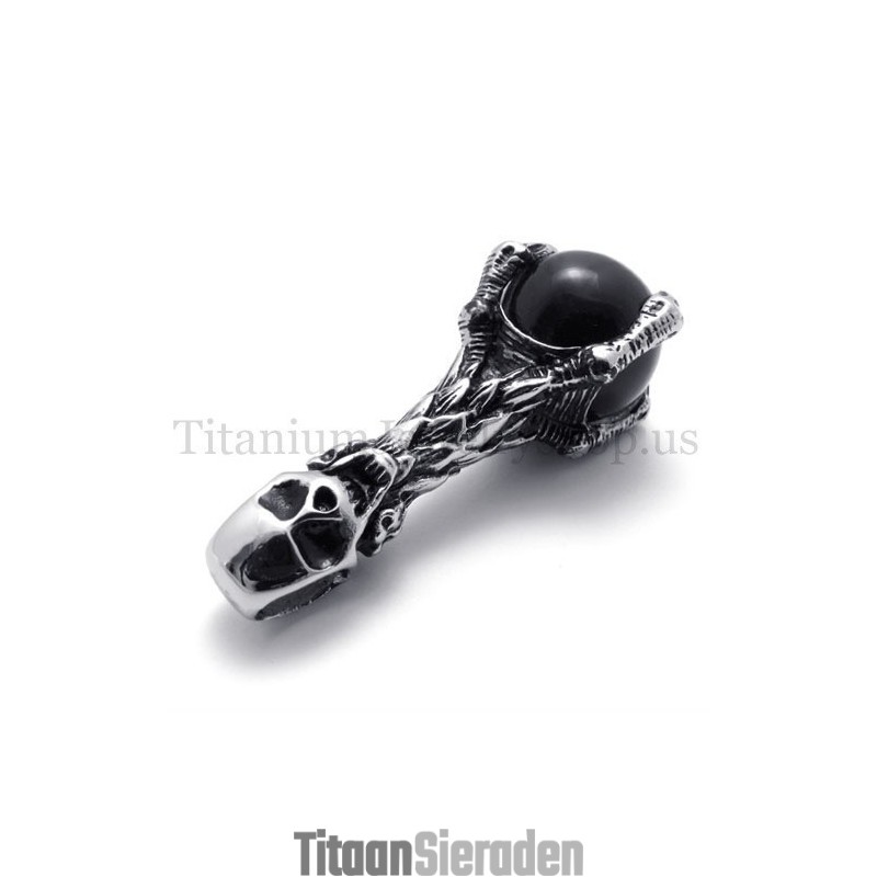 Schedel Met Zwarte Edelsteen, Hanger Van Puur Titanium